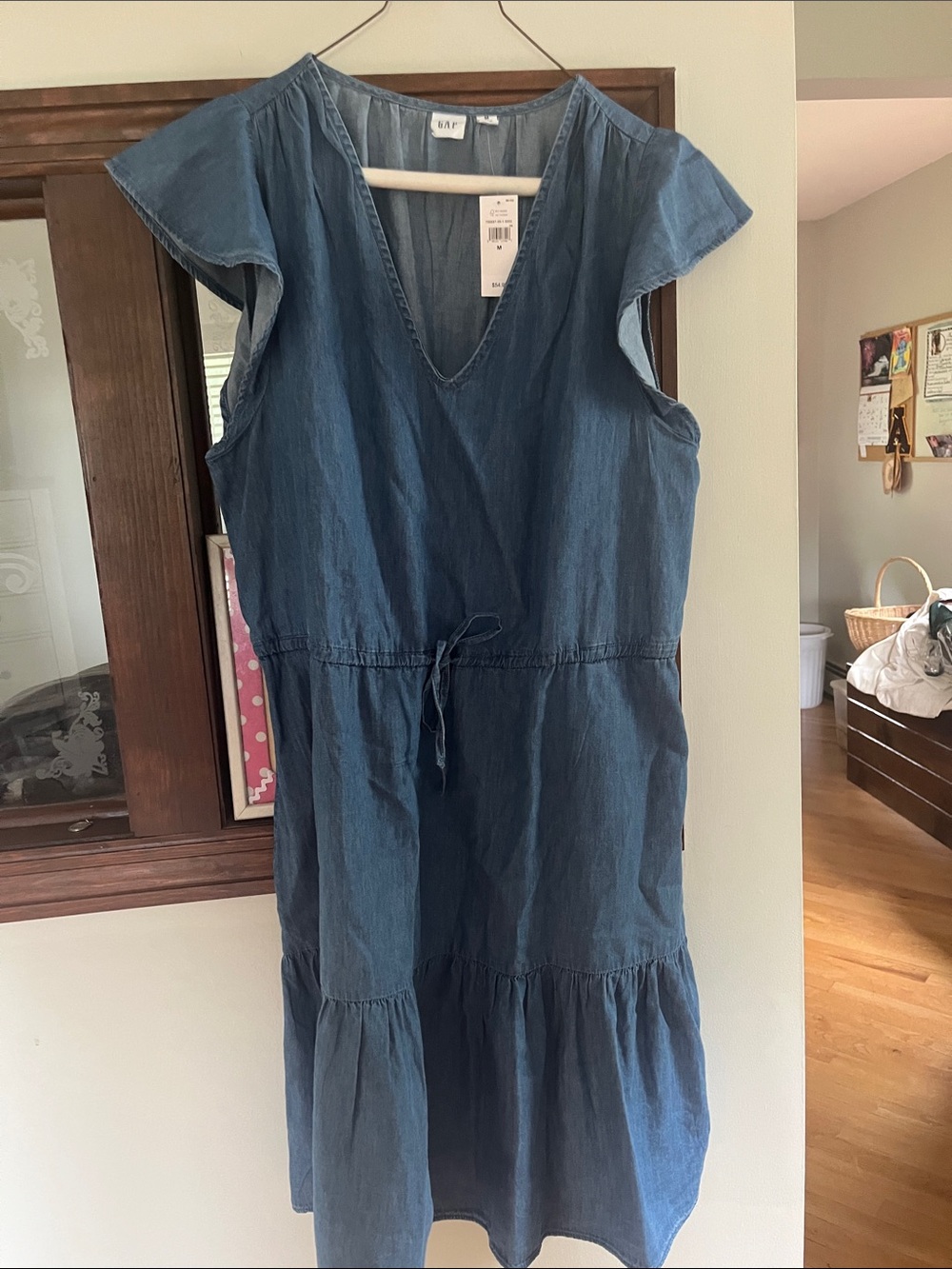 GAP Blue Chambray Tiered Drawstring Dress